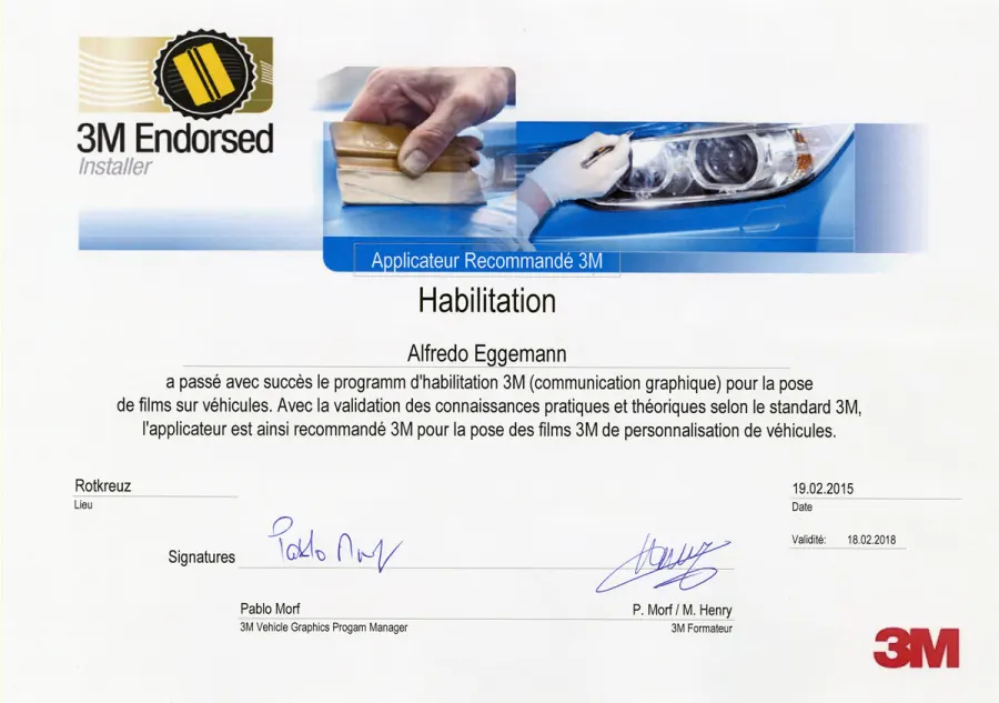 Attestato 3M Endorsed Installer, Vehicle Graphics
